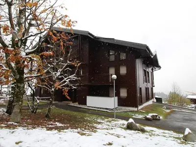 a building with snow on the ground next to a tree at Appartement cosy 4 pers au pied des pistes avec parking, balcon, lave-vaisselle et services additionnels - FR-1-572-87 in Arâches-la-Frasse