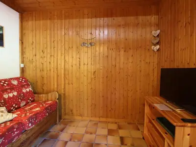 a room with a couch and a tv in a room at Appartement cosy 5 pers., pied des pistes, balcon est, proche commerces, parking & services - FR-1-572-94 in Arâches-la-Frasse