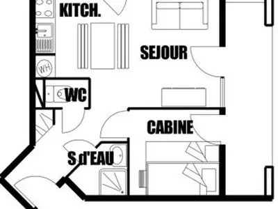 a black and white floor plan of a house at 2 pièces, 4 pers, terrasse, rez-de-jardin, face aux pistes, proche centre, équipements inclus - FR-1-572-160 in Arâches-la-Frasse