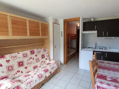 a living room with a couch and a kitchen at Studio charmant 4 pers, centre village, proche pistes et commerces - FR-1-572-122 in Arâches-la-Frasse
