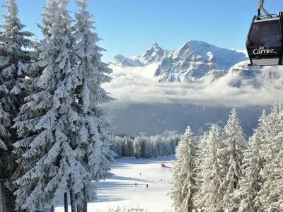 a snow covered tree on a ski slope with a ski lift at Chalet 3 Chambres 8 Pers, 800m Pistes, Parking Couvert, Poêle à Bois, Quartier Calme - FR-1-572-224 in Arâches-la-Frasse