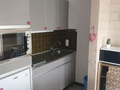 a kitchen with a sink and a microwave at Studio chaleureux, balcon sud, 4 pers., proche centre et pistes - Les Carroz - FR-1-572-218 in Arâches-la-Frasse