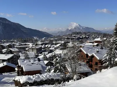 a view of a town with a snowy mountain at Appartement 2 Pièces Cabine pour 6 pers. avec Balcon - Pied de Piste, Parking Inclus - FR-1-572-261 in Arâches-la-Frasse