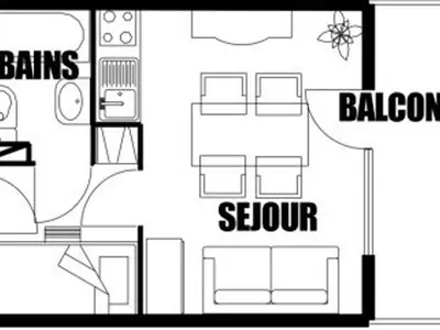 a black and white floor plan of a house at Studio rénové pour 4 personnes, centre station, proche pistes et commodités - FR-1-572-24 in Arâches-la-Frasse