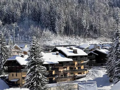 a building covered in snow with snow covered trees at Studio cosy 4 pers. au pied des pistes avec balcon - Proche centre et commodités - FR-1-572-151 in Arâches-la-Frasse