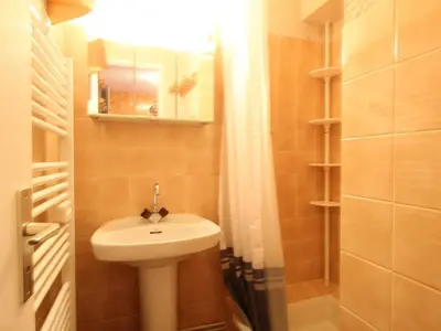 a small bathroom with a sink and a shower at 2P tout confort face aux pistes, proche commerces, 6 couchages, balcon S-E, parking, casier à skis - FR-1-572-97 in Arâches-la-Frasse