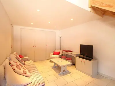 a living room with a couch and a tv at Appartement Duplex 4 pièces pour 6 pers, sur les pistes avec WiFi et parking, proche commerces - FR-1-572-62 in Arâches-la-Frasse