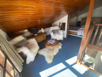 an overhead view of a living room with fur covered rugs at Appartement face Mont Blanc in Demi-Quartier