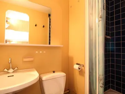 a bathroom with a sink and a toilet and a mirror at Studio pour 4 personnes, résidence Bellatrix, Flaine Front de Neige, accès direct aux pistes - FR-1-687-45 in Arâches-la-Frasse