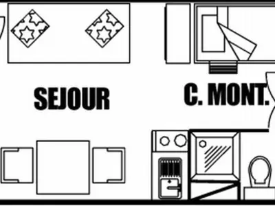 a floor plan of a bedroom and a bathroom at Studio pour 4 personnes, résidence Bellatrix, Flaine Front de Neige, accès direct aux pistes - FR-1-687-45 in Arâches-la-Frasse