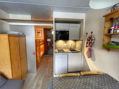 a small kitchen in a small room with aurymarked at Studio pour 4 pers à Flaine, au pied des pistes - FR-1-687-60 in Arâches-la-Frasse