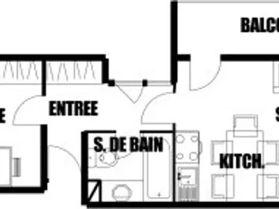 a black and white floor plan of a house at Appartement 2 Pièces 6 Personnes, Balcon, proche Pistes et Commerces, Flaine Forêt - FR-1-687-77 in Arâches-la-Frasse