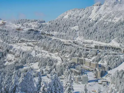 an aerial view of a ski resort in the snow at 2 pièces à Flaine, 6 couchages, à 50m des pistes - FR-1-687-89 in Arâches-la-Frasse
