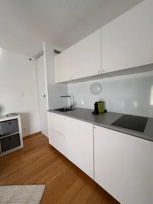 a white kitchen with a sink and a microwave at Green Apple Chamonix, centre, parking, ski-in/out in Chamonix-Mont-Blanc