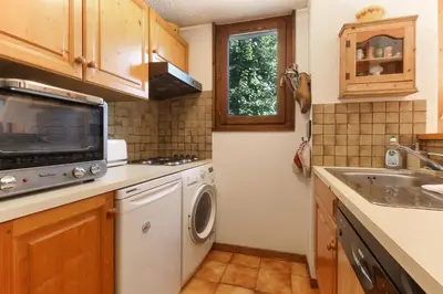 a kitchen with a washing machine and a sink at Les Terrasses de Planpraz - 8min Walk to Center - Quiet - Perfect for Hiking in Chamonix-Mont-Blanc