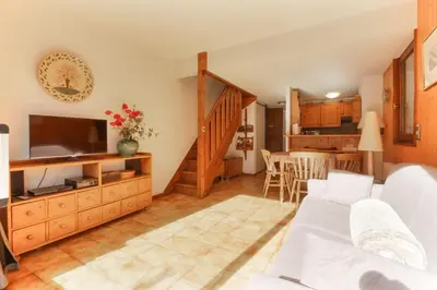 a living room with a couch and a television at Les Terrasses de Planpraz - 8min Walk to Center - Quiet - Perfect for Hiking in Chamonix-Mont-Blanc