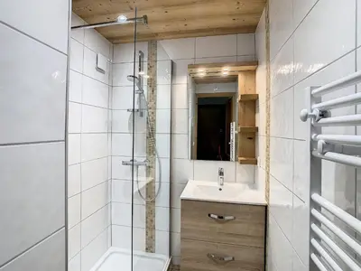 a bathroom with a shower and a sink and a toilet at Charmant 2P à Combloux avec terrasse, parking et casier à ski - FR-1-560-101 in Combloux