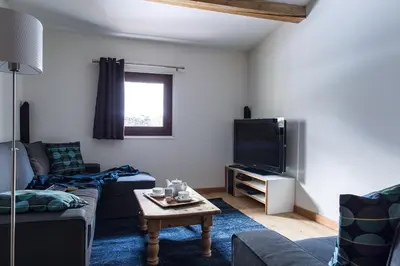 a living room with a couch and a tv at Chalet Chintalaya in Chamonix-Mont-Blanc