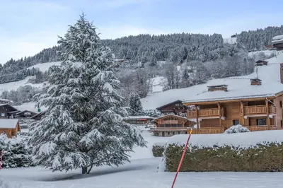 a snow covered christmas tree in front of a lodge at Appartement Warens - Welkeys in Megève