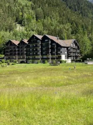 a large building in a field in front of a mountain at Beau Glacier - Pied des Pistes - Balcons du Savoy in Chamonix-Mont-Blanc