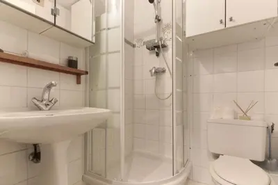 a bathroom with a sink and a toilet and a shower at Le Chamouny- Family Apt - Central - Quiet - Hikeing & Rock Climbing Close by in Chamonix-Mont-Blanc