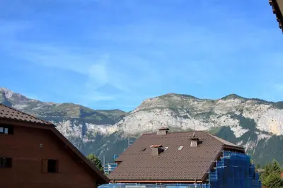 a building with a brown roof with mountains in the background at mlb22 in Les Carroz d'Araches