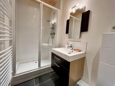 a white bathroom with a shower and a sink at Chalet tradition 6 pers avec cheminée, balcon et parking à Samoëns - FR-1-624-124 in Samoëns