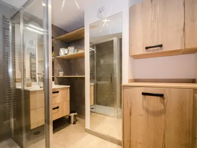 a bathroom with a shower and a glass door at Appartement chalet à Chamonix avec wifi et parking privé - FR-1-343-201 in Chamonix-Mont-Blanc