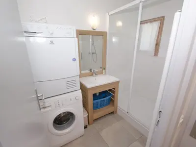 a small bathroom with a washing machine and a sink at Appartement central à Chamonix avec parking et wifi, proche pistes - FR-1-343-194 in Chamonix-Mont-Blanc