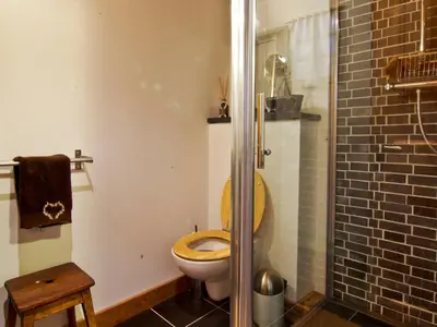 a bathroom with a toilet and a glass shower at Superbe appartement Chamonix pour 4, balcon, vue Mont Blanc - FR-1-343-209 in Chamonix-Mont-Blanc