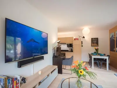 a living room with a large flat screen tv on a wall at Bel appartement 3 étoiles aux Praz de Chamonix, près du téléphérique de la Flégère - FR-1-343-213 in Chamonix-Mont-Blanc