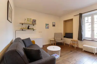 a living room with a couch and a tv at Vallot - Chamonix Centre in Chamonix-Mont-Blanc