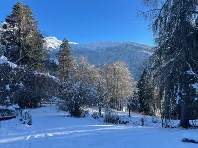 a snow covered field with trees and mountains in the background at Le Chalet de Bémont in Samoëns