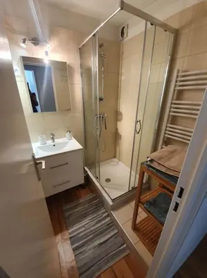 a bathroom with a shower and a sink at Superbe 2 pièces, centre vue Mont-Blanc avec balcon et parking gratuit in Chamonix-Mont-Blanc