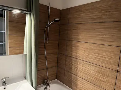 a bathroom with a shower with wooden walls at Grand Morillon - 104 - Montagne Belle Vue Studio 4 in Morillon