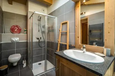 a bathroom with a sink and a shower and a toilet at Delys - Renovated - Beside Park - Climbing wall - Hikes - Mont-Blanc views in Les Houches