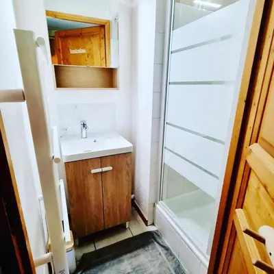 a bathroom with a sink and a shower at Appartement avec piscine & jardin pied de la télécabine in Saint-Gervais-les-Bains