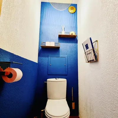 a bathroom with a toilet and a blue wall at Appartement avec piscine & jardin pied de la télécabine in Saint-Gervais-les-Bains