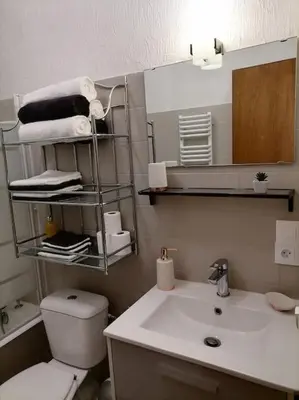 a bathroom with a sink and a toilet and a mirror at Saint-Gervais, appart cosy, piscine & pied des pistes in Saint-Gervais-les-Bains