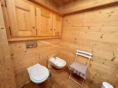 a wooden bathroom with a toilet and a sink at Charmant 2 pièces, 4 couchages, Megève - À 400m des remontées mécaniques, balcon et parking inclus - FR-1-597-169 in Megève
