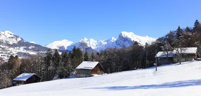 a snow covered mountain with houses on a snow covered slope at Grand Morillon- C215 Appt vue piste-4 pers in Morillon