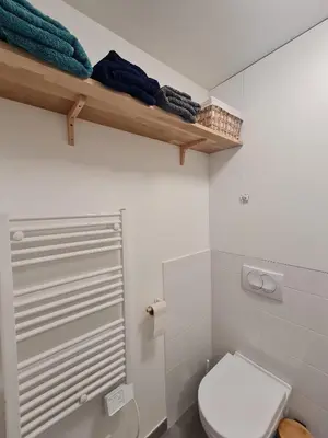 a bathroom with a toilet and a shelf with towels at Nid douillet proche des pistes avec vue montagne in Saint-Gervais-les-Bains