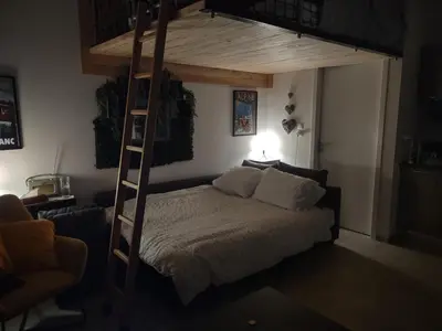 a bedroom with a bunk bed with a ladder at Roomy studio near town and ski lift, free WiFi and parking in Saint-Gervais-les-Bains