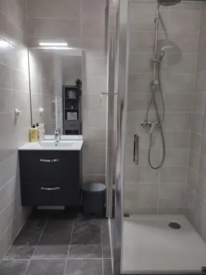 a bathroom with a shower and a sink and a shower at Roomy studio near town and ski lift, free WiFi and parking in Saint-Gervais-les-Bains