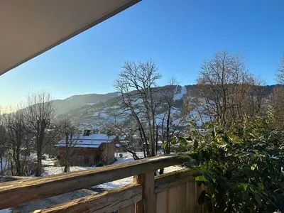 a snowy mountain with trees and snow covered mountains at Logement à Megève avec Jardin in Megève