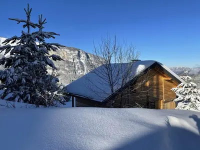 a snow covered house with a tree in front of it at Chalet indépendant 8 pers, déco moderne, proche centre et remontées, terrasse sud-ouest - FR-1-572-32 in Arâches-la-Frasse