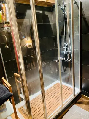 a shower with glass doors in a bathroom at Megève Rochebrune, 2 chambres cosy, terrasse, ski et centre à pied in Megève