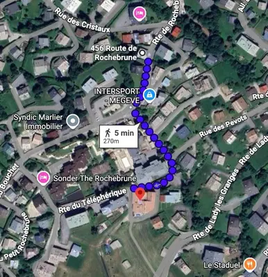 a map showing the approximate location of the intersection of interstate at Megève Rochebrune, 2 chambres cosy, terrasse, ski et centre à pied in Megève
