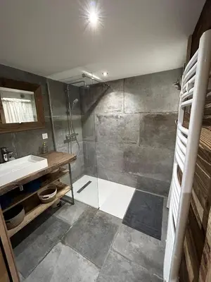 a bathroom with a shower and a sink at Logement avec jardin et vue panoramique MontBlanc in Les Houches