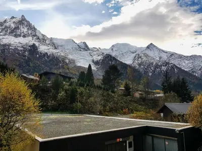 a view of a snowy mountain range with a parking lot at Sun Valley 3 - Vue Mont-Blanc in Chamonix-Mont-Blanc